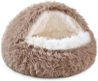 Cat Bed Round Soft Plush Burrowing Cave Hooded Cat Bed Donut for Dogs & Cats, Faux Fur Cuddler Round Comfortable Self Warming pet Bed, Machine Washabl (Color: Brown, size: 20'' for cat up to 11lbs)