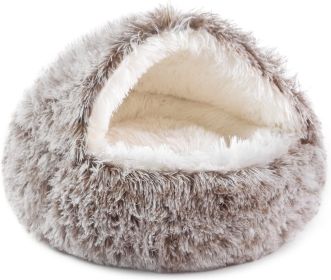 Cat Bed Round Soft Plush Burrowing Cave Hooded Cat Bed Donut for Dogs & Cats, Faux Fur Cuddler Round Comfortable Self Warming pet Bed, Machine Washabl (Color: Beige, size: 23.5'' for cat up to 22lbs)